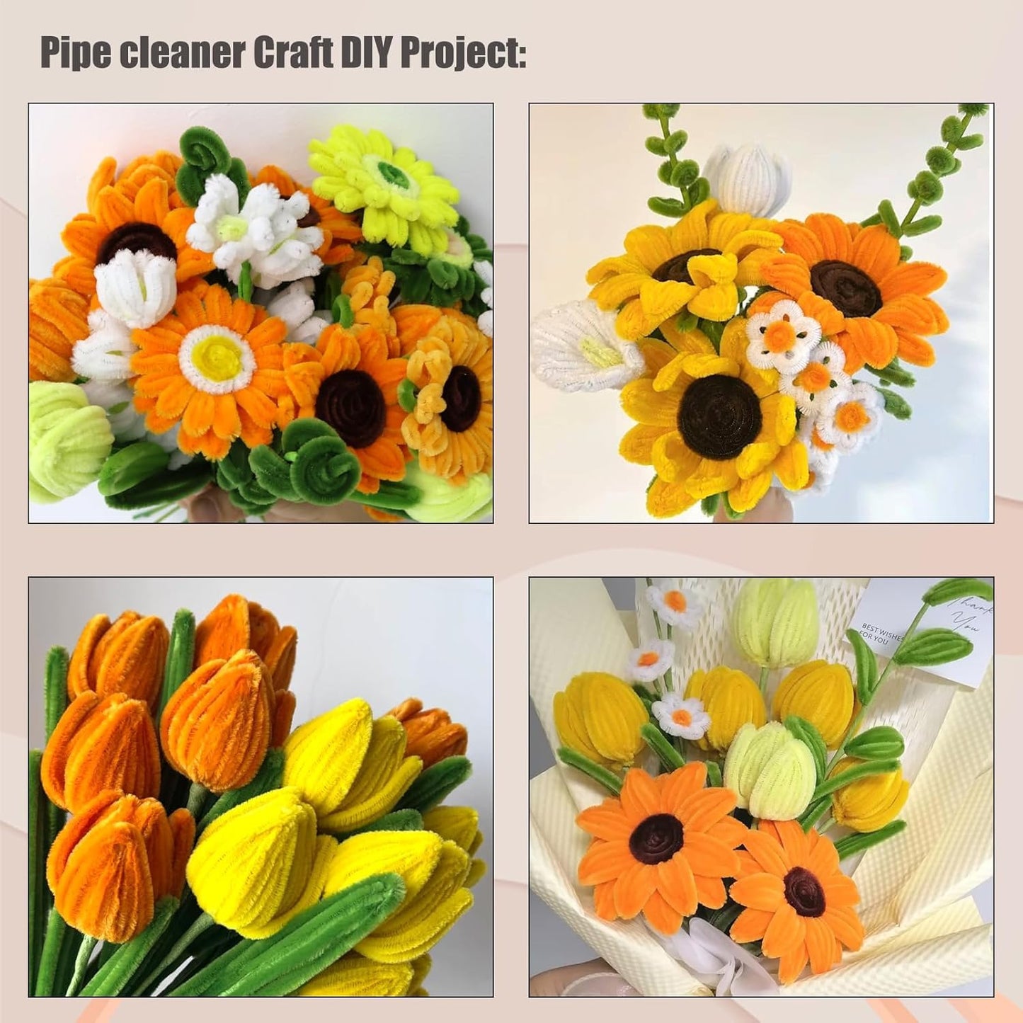 SKY-TOUCH Flower Pipe-Sunflower Stick Craft Kit: 440 Thickened Pipe Sticks In 5 Mixed Colors Includes Floral Wire And Ribbon Perfect for DIY Bouquet Making, Suitable For Birthdays, Graduations