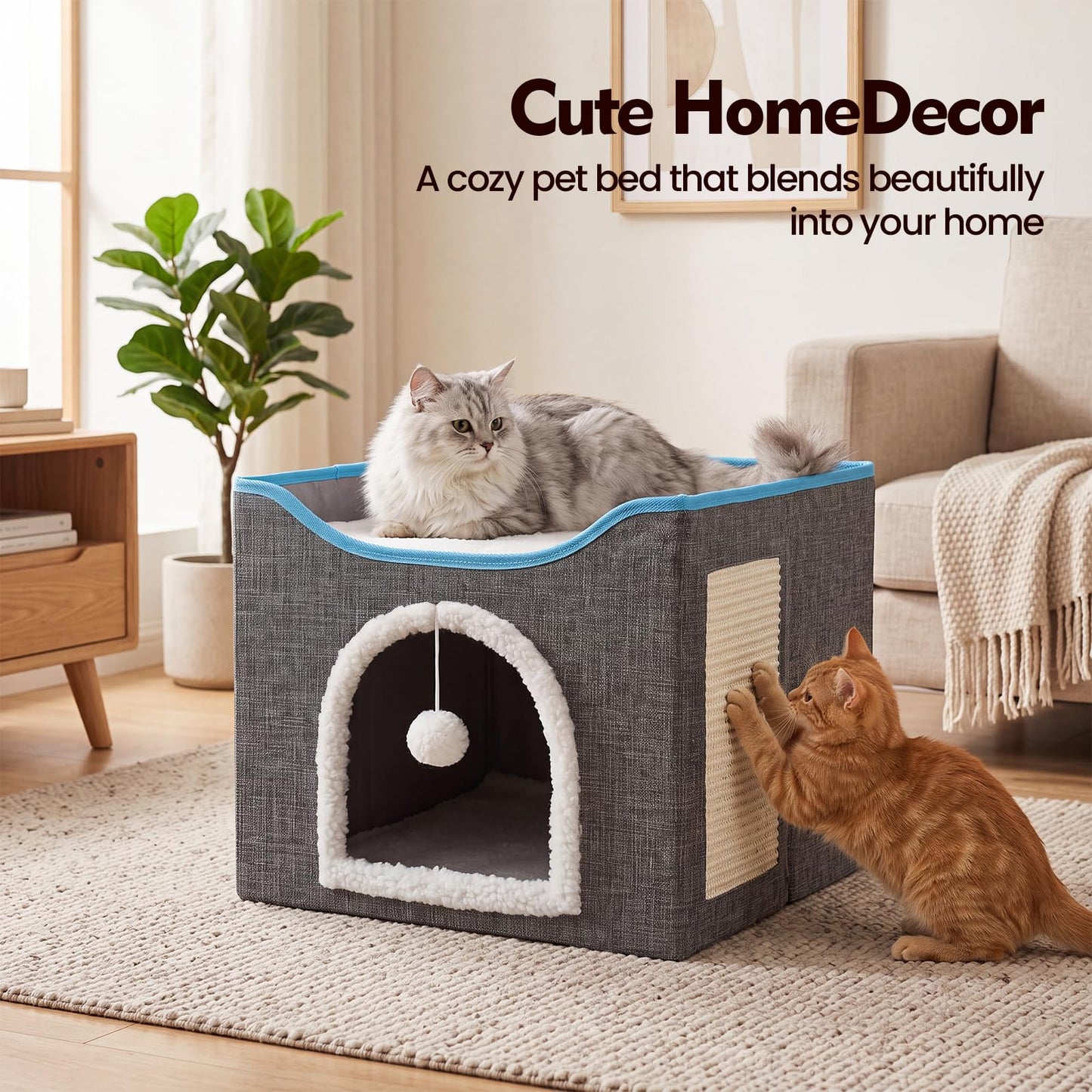 SKY-TOUCH Foldable Cat House Cave Bed with Scratching Board & Fluffy Ball, Indoor Cat Igloo Bed for Multi Small Pets, Grey – Pet Safe Durable, 41x41x35cm