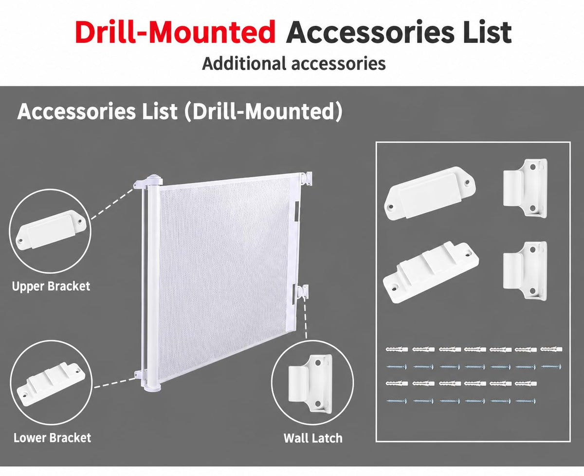 SKY-TOUCH Retractable Baby Safety Gate (300 x 86 cm Mesh Pet Gate) – Drill-Mount Installation, Adjustable Width Suitable for Stairs, Doorways, and Hallways, White