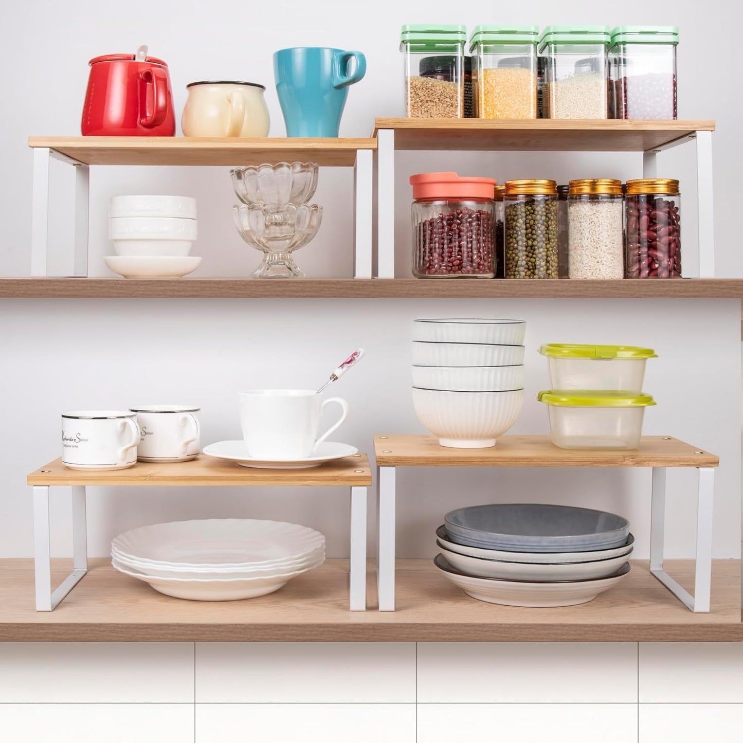 SKY-TOUCH Stackable Kitchen Organizer Shelf, Set of 2 Counter Shelves– 30×19×14cm & 30×19.5×16cm, Natural wood color rack, Metal & Engineered Wood, Storage Solution for Pantry & Countertop