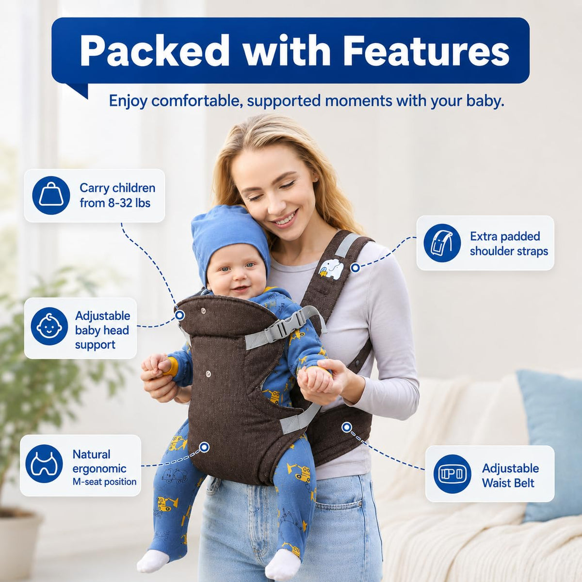 SKY-TOUCH 4-in-1 Baby Carrier, Ergonomic Convertible Infant Carrier with M-Shape Seat, C-Shape Support, Adjustable Shoulder Straps, Front Inward, Outward & Back Carry, Linen Fabric