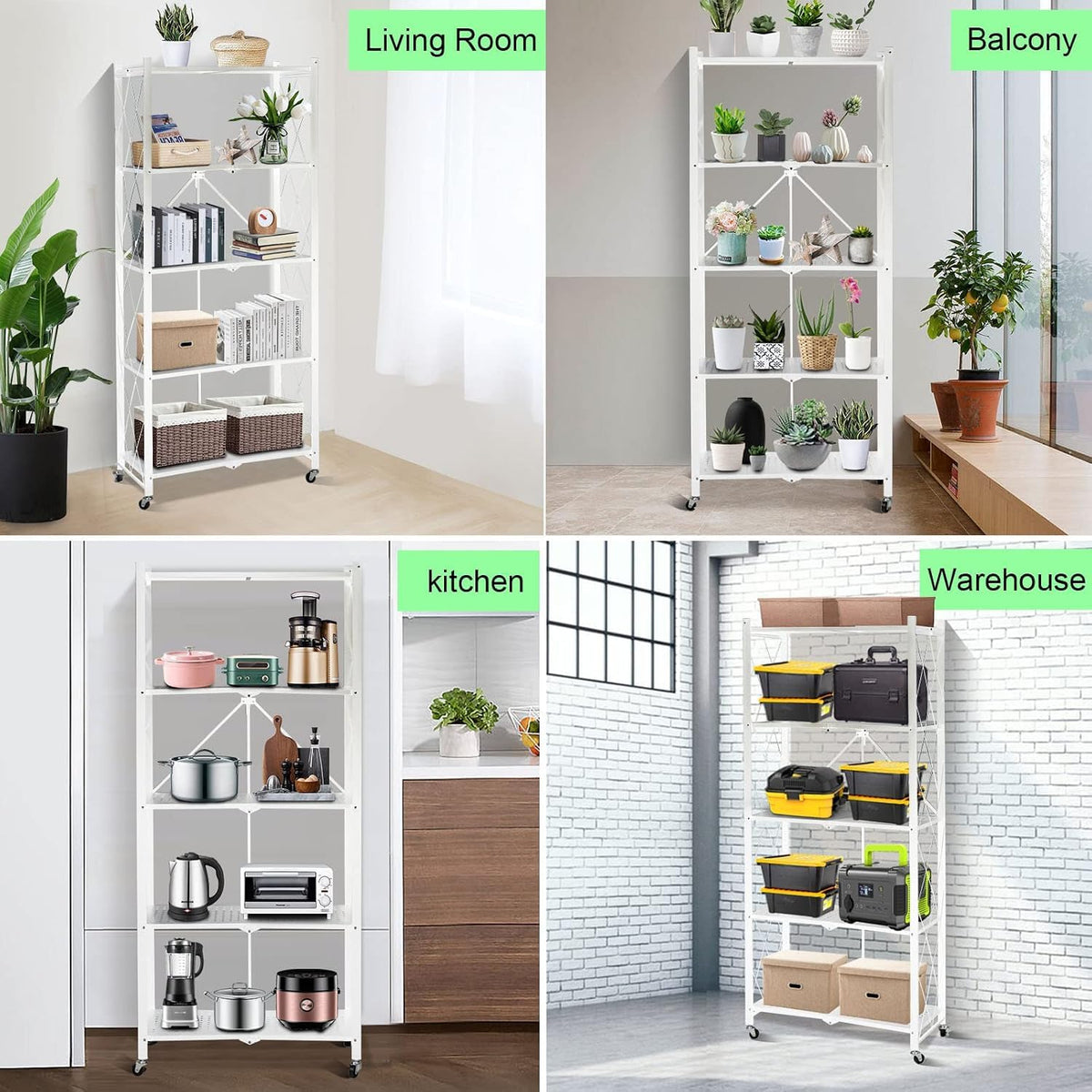 SKY-TOUCH 5 Tier Thickened Foldable Storage Shelves with Wheels, Heavy-Duty Metal Standing Shelf Units, Large Capacity Storage Racks for Kitchen, Garage, Basement, Tool Room, No Assembly (White)