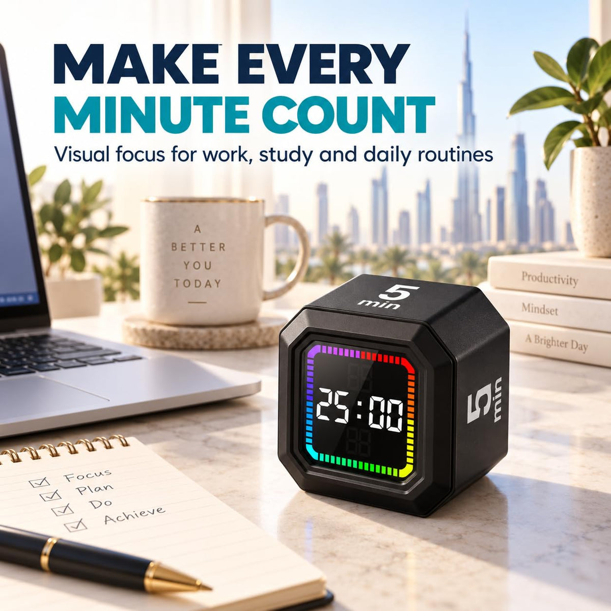 SKY-TOUCH Cube Timer, Flip Gravity Visual Timer with 5/10/25/45 Min Presets, Custom Count Up/Down, Magnetic Back, Rechargeable, 3 Alert Modes for Study, Work, Cooking (Black)