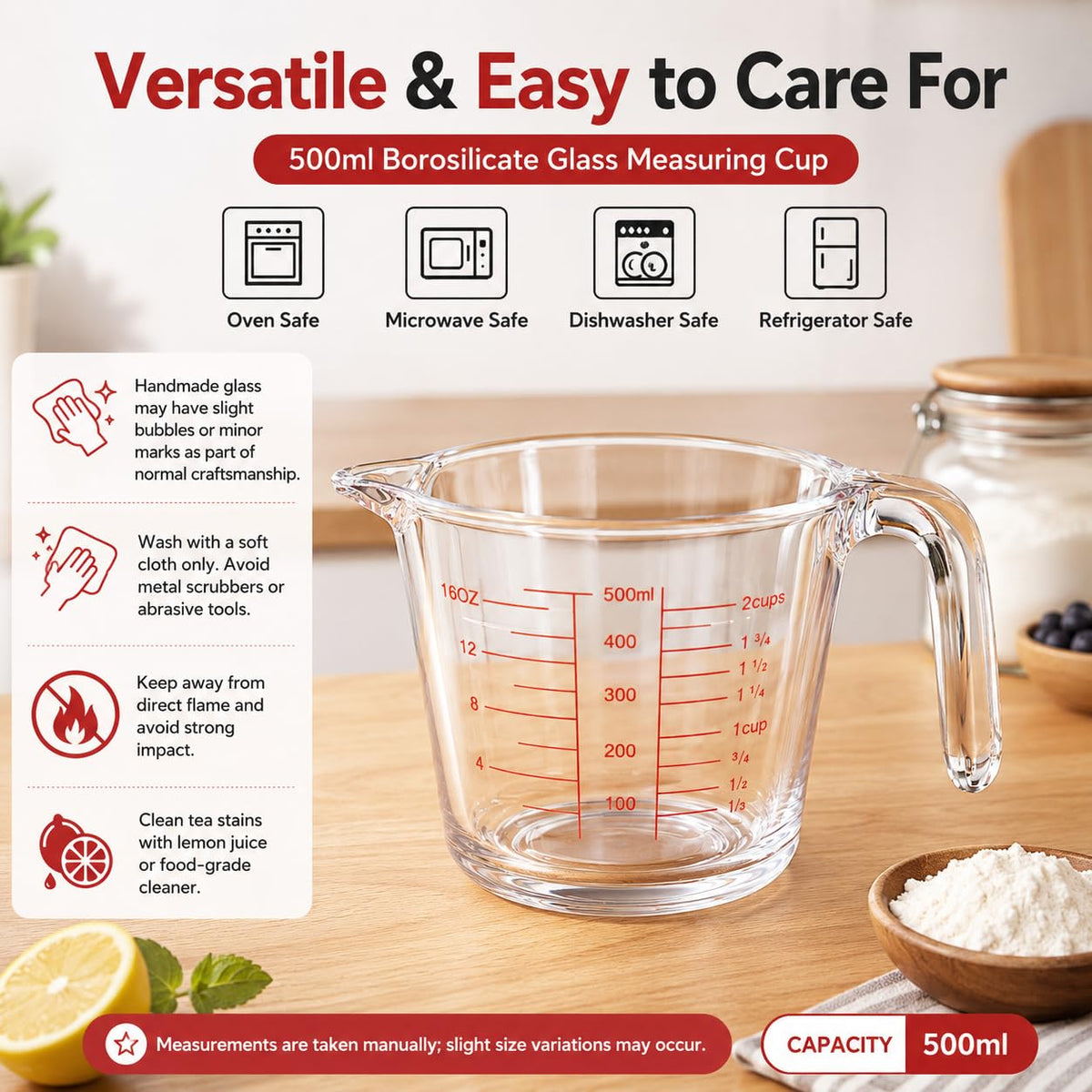 SKY-TOUCH 500ml Glass Measuring Cup, Heat-Resistant Borosilicate Measuring Jug with Easy-Read Red Markings, Precision Pour Spout & Ergonomic Handle for Baking, Cooking, Mixing and Microwave Use