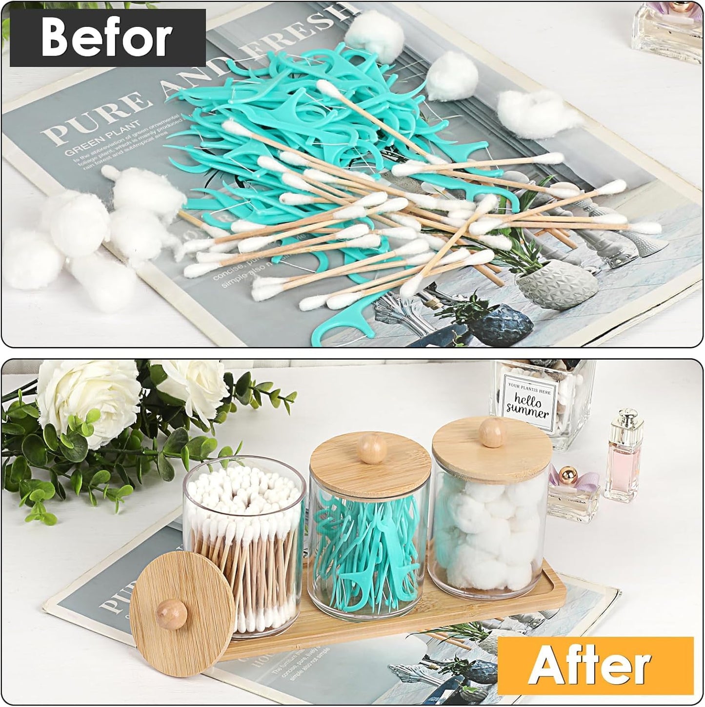 SKY-TOUCH 3-Pack Bathroom Jars Qtip Jars with Bamboo Lids, Acrylic Clear Apothecary Canisters for Cotton Balls, Q-tips, Floss, and Swabs – Includes Tray for Organized Bathroom Accessories