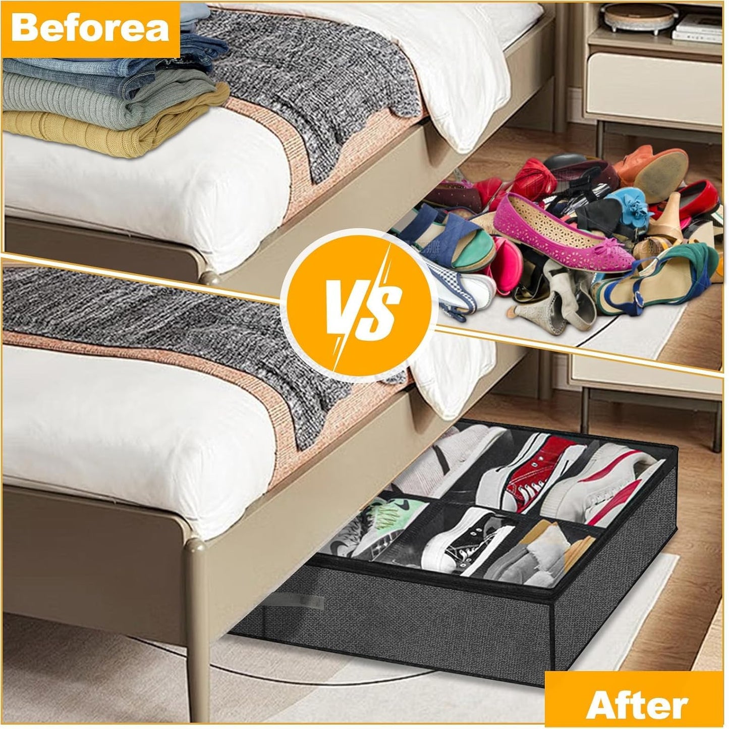 SKY-TOUCH UnderBed Shoe Storage Organiser Set of 2, Foldable UnderBed Shoe Organiser with Handles, Clear Foldable Shoes Containers Adjustable 24 Dividers with Bottom Support, 75x60x15cm
