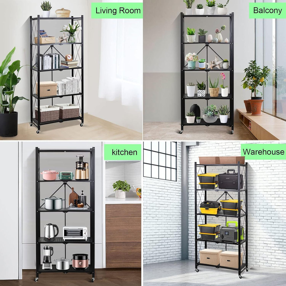 SKY-TOUCH 5 Tier Thickened Foldable Storage Shelves with Wheels, Heavy-Duty Metal Standing Shelf Units, Large Capacity Storage Racks for Kitchen, Garage, Basement, Tool Room, No Assembly (Black)
