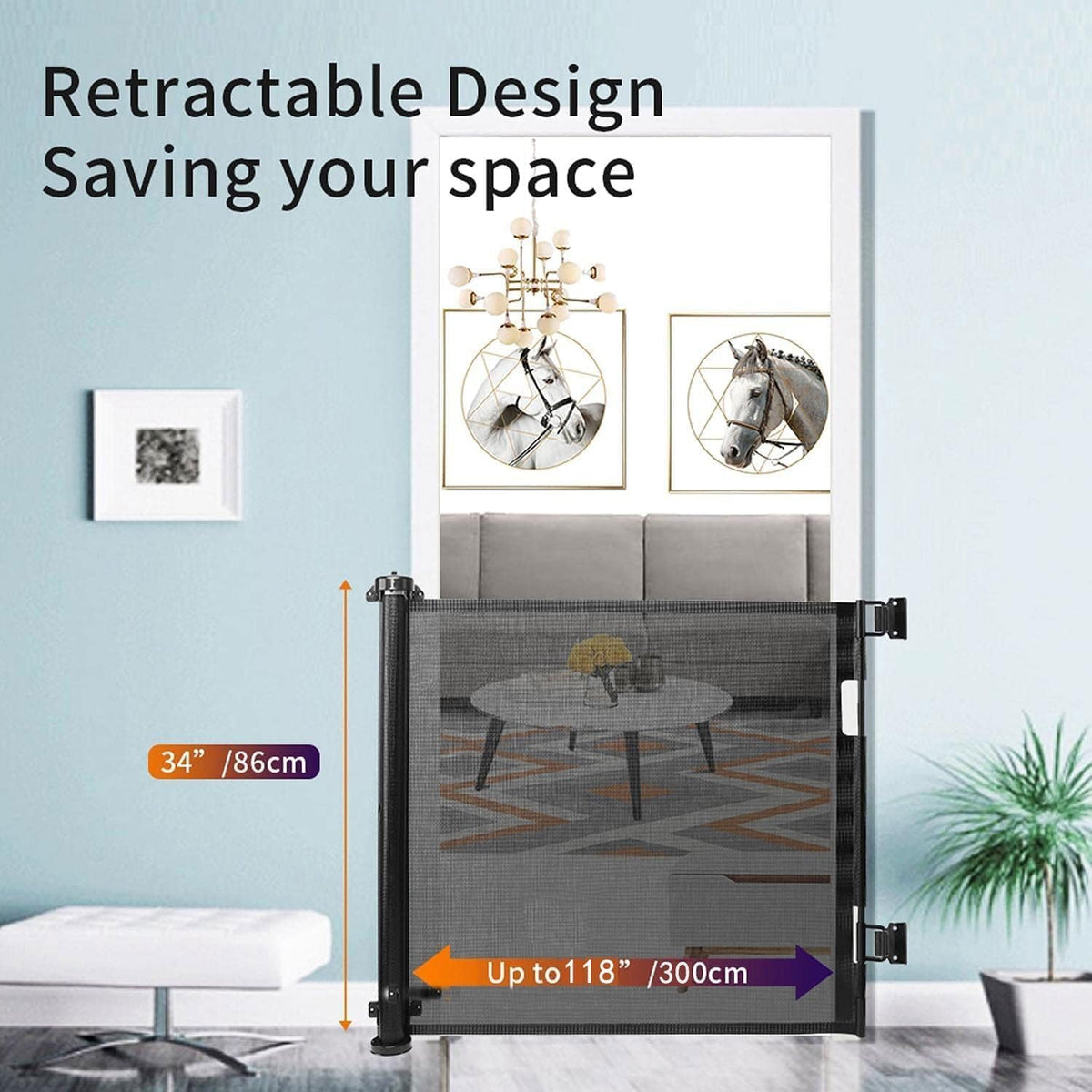 SKY-TOUCH Retractable Baby Safety Gate (300 x 86 cm Mesh Pet Gate) – Drill-Mount Installation, Adjustable Width Suitable for Stairs, Doorways, and Hallways, Grey