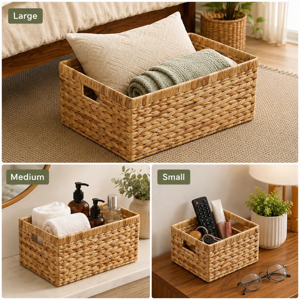 SKY-TOUCH Wicker Storage Baskets Set of 3, Handwoven Paper Rope Baskets with Wooden Handles, Decorative Organizer for Tabletop, Cabinet, Shelf, Pantry and Home Storage