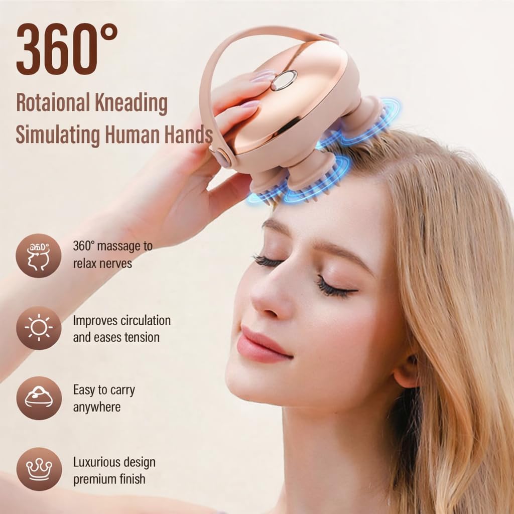 SKY-TOUCH Handheld Head Massager,Full Body Portable Massager,2 Massage Modes with 4 Silicone Massage Heads, 360° Rotating Kneading, Wet & Dry Use