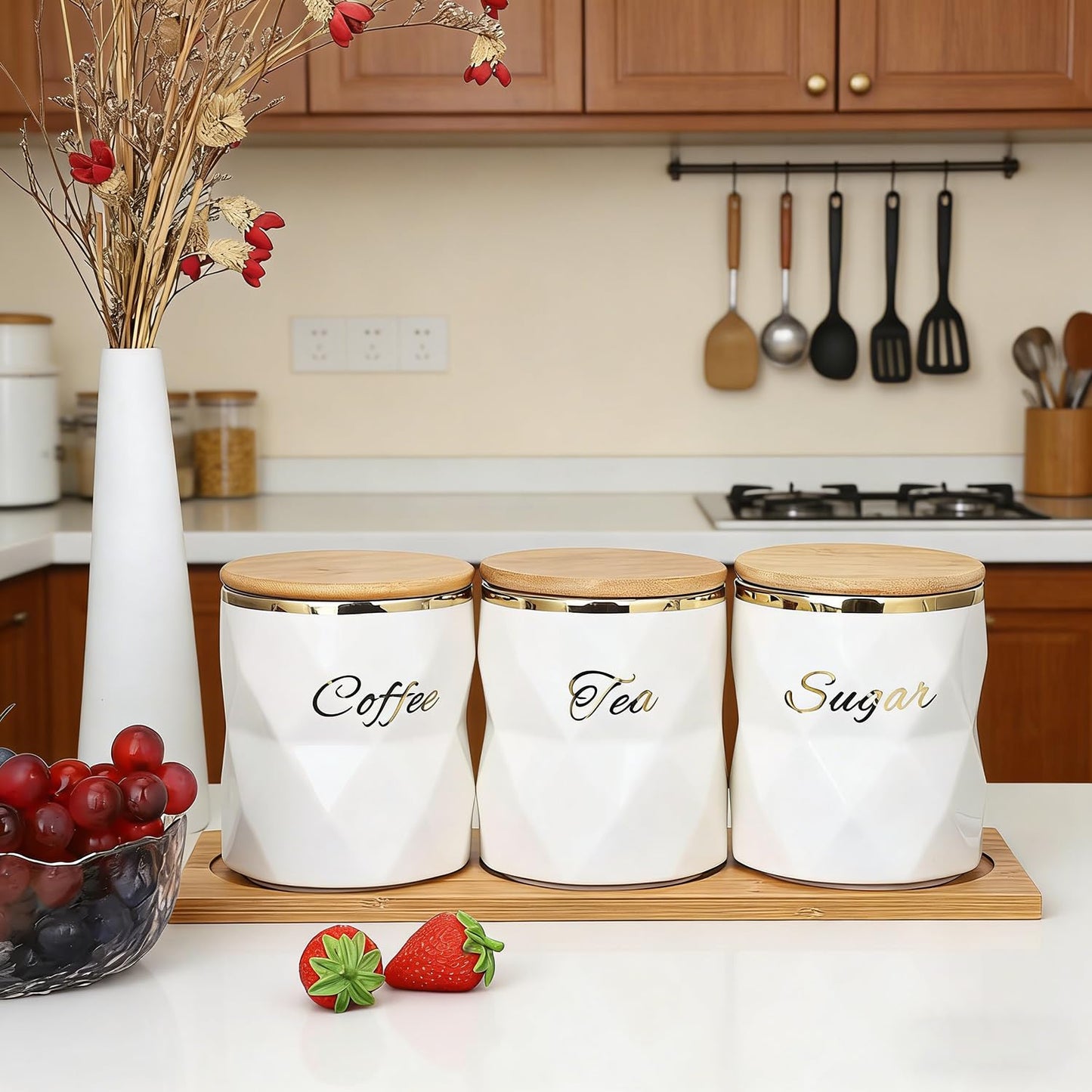 SKY-TOUCH Ceramic Canisters Set of 3 - Airtight Storage Jars for Sugar, Coffee & Tea | Elegant Kitchen Counter & Dining Room Decor with Lids