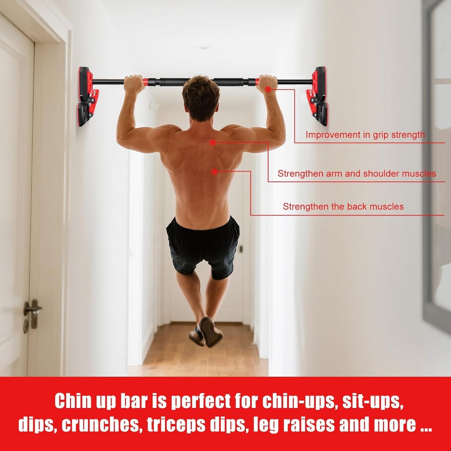 SKY-TOUCH Pull Up Bar for Doorway, Adjustable 70-96cm Chin Up Bar with Dual Support Design and Dual Bubble Levels, No Drill Installation Strength Training Bar for Home Gym Fitness Exercise