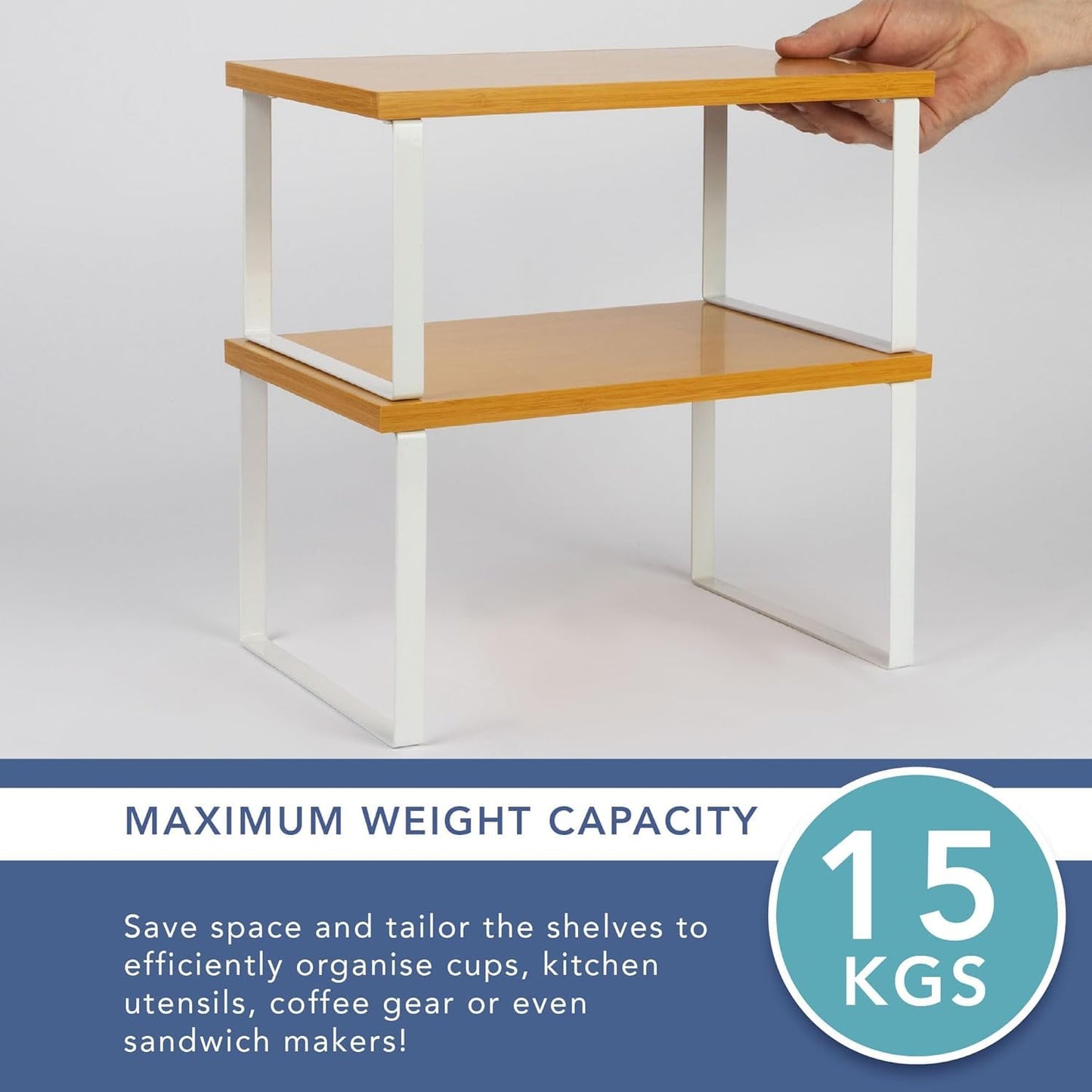 SKY-TOUCH Stackable Kitchen Organizer Shelf, Set of 2 Counter Shelves– 30×19×14cm & 30×19.5×16cm, Natural wood color rack, Metal & Engineered Wood, Storage Solution for Pantry & Countertop