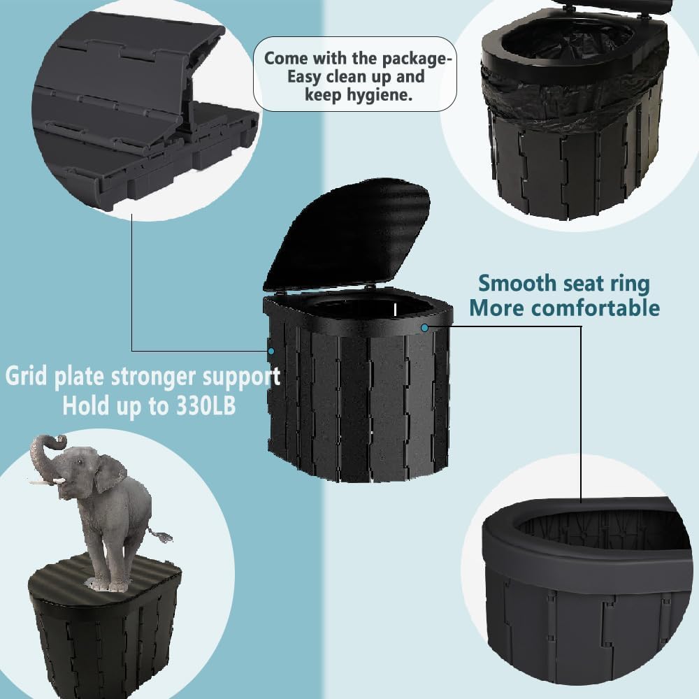 Sky-Touch Foldable Camping Toilet, Portable Travel Commode for Adults, Comes with Paper Holder, Garbage Bag and Curing Agent, Hiking, Road Trips, Beach, Emergency Use
