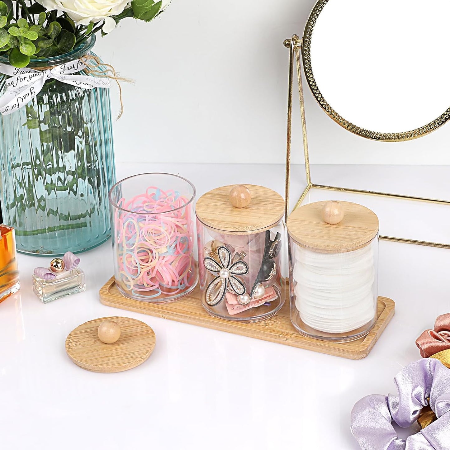 SKY-TOUCH 3-Pack Bathroom Jars Qtip Jars with Bamboo Lids, Acrylic Clear Apothecary Canisters for Cotton Balls, Q-tips, Floss, and Swabs – Includes Tray for Organized Bathroom Accessories