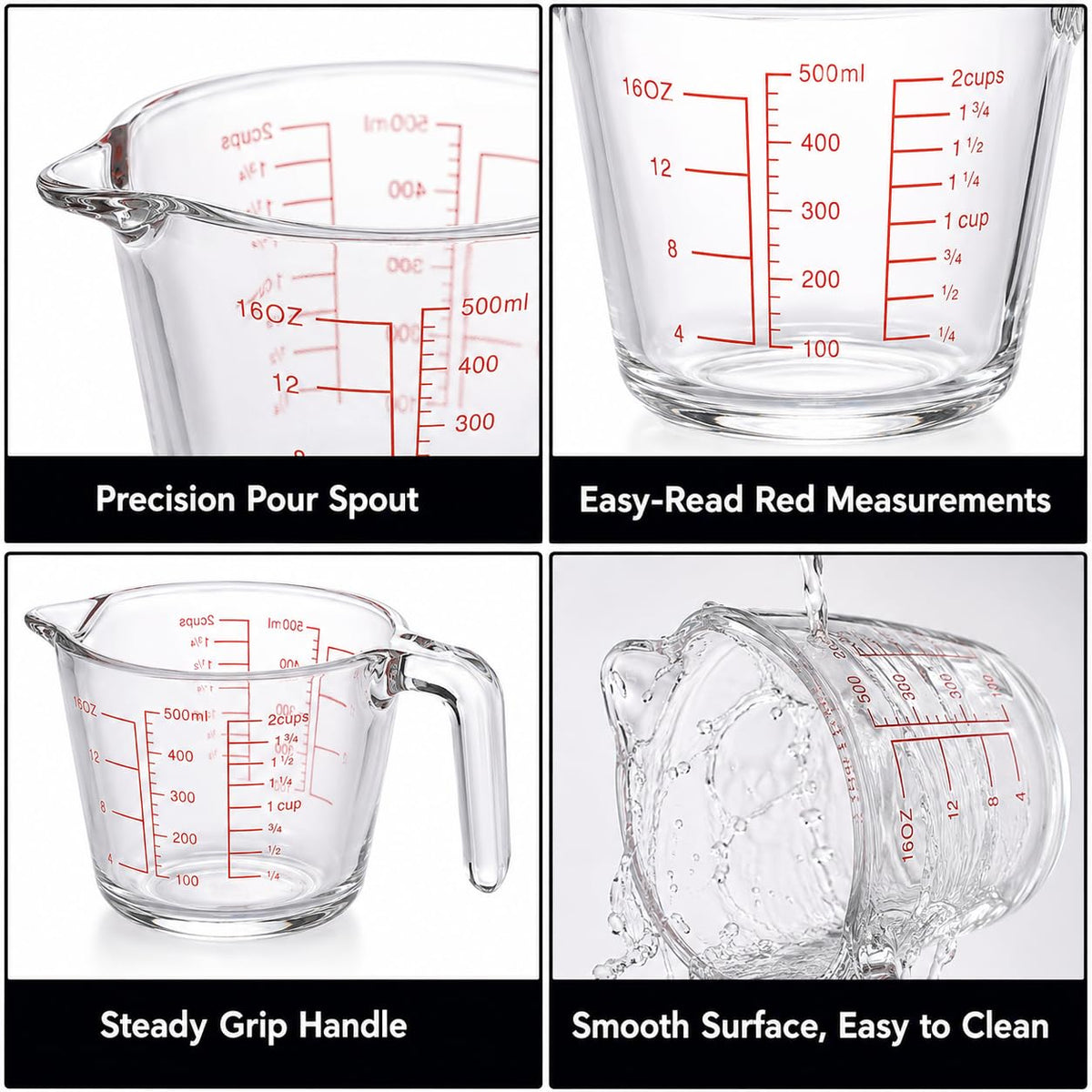 SKY-TOUCH 500ml Glass Measuring Cup, Heat-Resistant Borosilicate Measuring Jug with Easy-Read Red Markings, Precision Pour Spout & Ergonomic Handle for Baking, Cooking, Mixing and Microwave Use