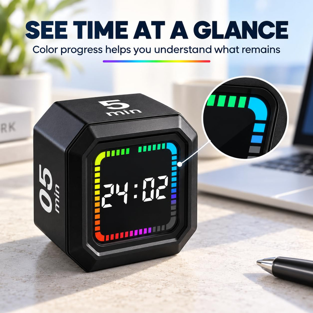SKY-TOUCH Cube Timer, Flip Gravity Visual Timer with 5/10/25/45 Min Presets, Custom Count Up/Down, Magnetic Back, Rechargeable, 3 Alert Modes for Study, Work, Cooking (Black)