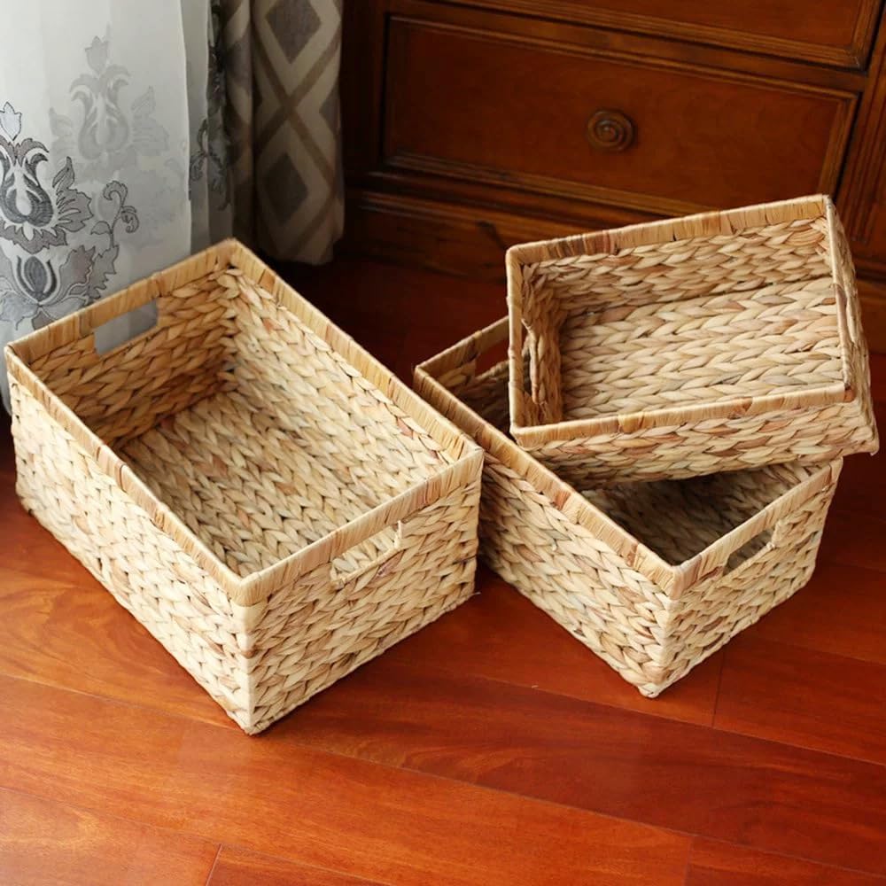 SKY-TOUCH Wicker Storage Baskets Set of 3, Handwoven Paper Rope Baskets with Wooden Handles, Decorative Organizer for Tabletop, Cabinet, Shelf, Pantry and Home Storage