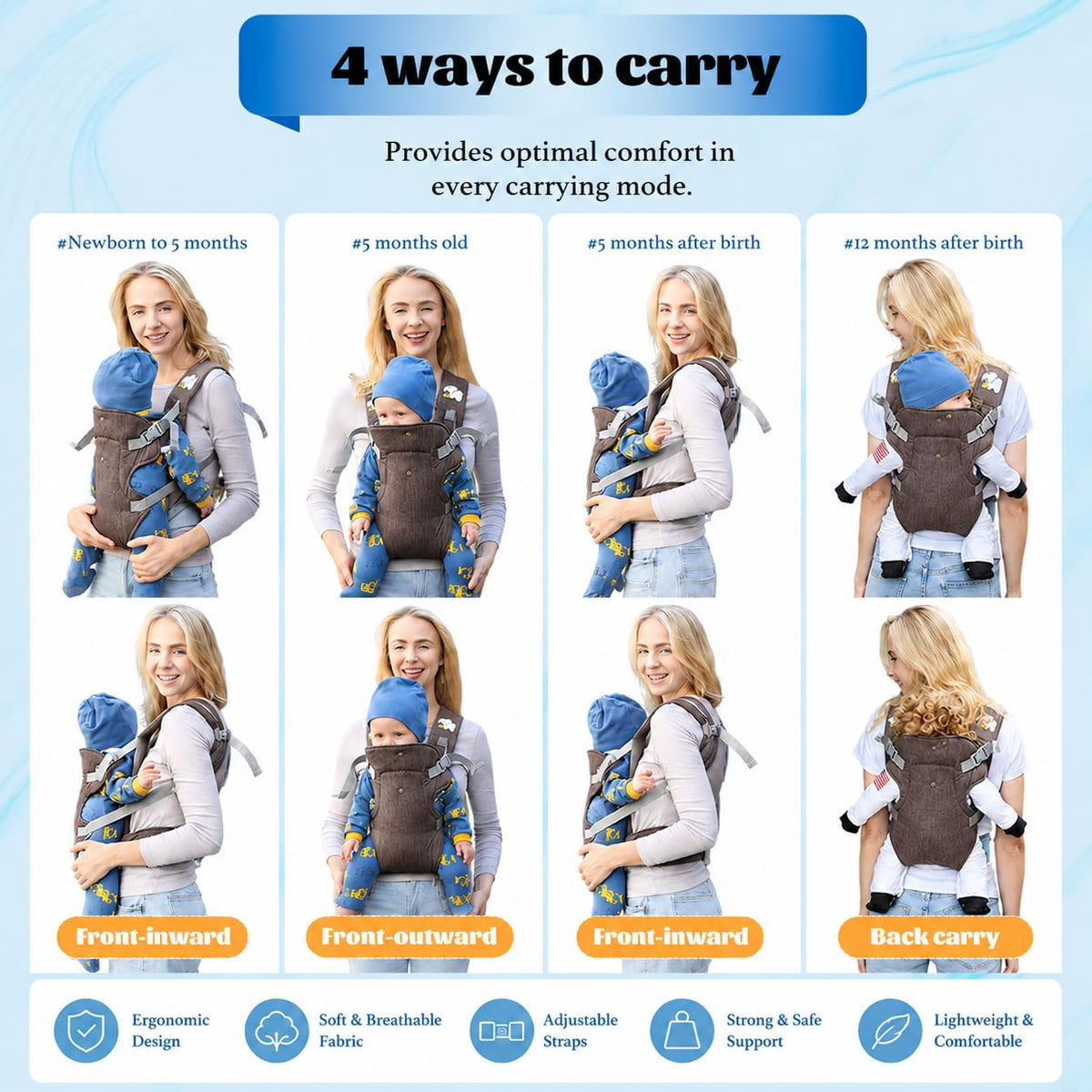 SKY-TOUCH 4-in-1 Baby Carrier, Ergonomic Convertible Infant Carrier with M-Shape Seat, C-Shape Support, Adjustable Shoulder Straps, Front Inward, Outward & Back Carry, Linen Fabric