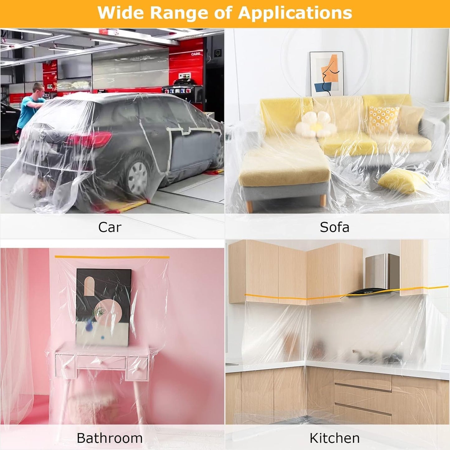 SKY-TOUCH 2 Rolls Plastic Dustproof Cloth, Decorative Plastic Dustproof Cloth, 4.5m x 20m Waterproof Masking Film roll, Pre-applied Tape, Suitable for Furniture Painting and Masking