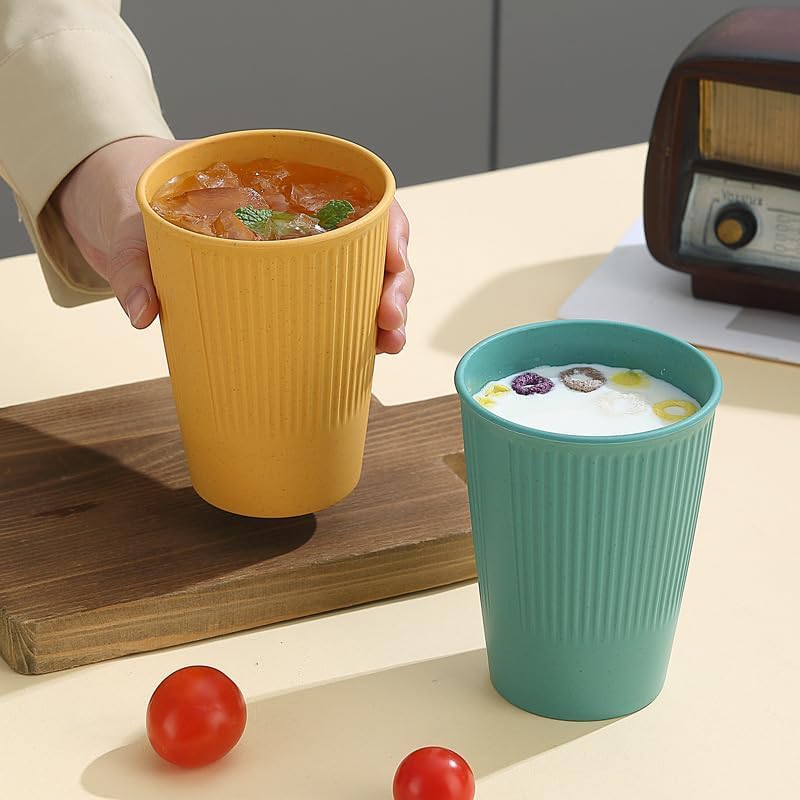 SKY-TOUCH 4 Pack Wheat Straw Cups, 12 oz Reusable Unbreakable Drinking Cups with 3D Textured Stripe Design, BPA-Free, Dishwasher Safe, Includes Yellow, Orange, Dark Blue & Dark Green