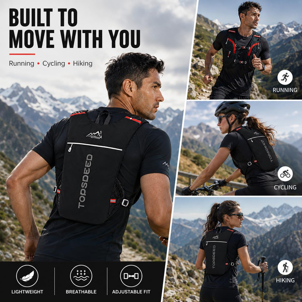 SKY-TOUCH 5L Hydration Vest Backpack for Men & Women, 250g Lightweight Breathable Running Pack, Compatible with 1L-2L Water Bladder, Adjustable Trail Cycling Hiking Bag, Black