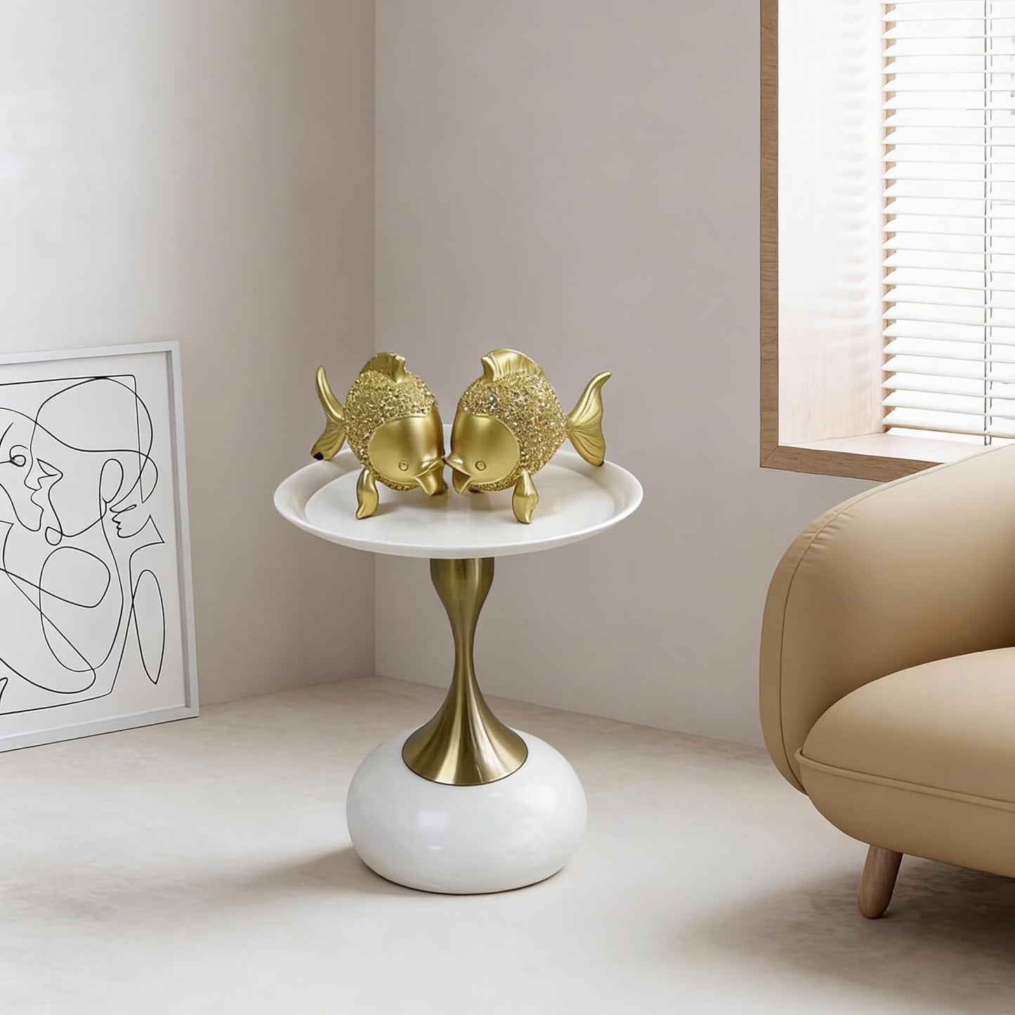 SKY-TOUCH Round Side Table, Slim-waisted Sofa Side Table, Modern Minimalist Style, Electroplated Metal Frame, Suitable For Small Spaces, Living Rooms, And Bedrooms, 39 * 39 * 55cm White